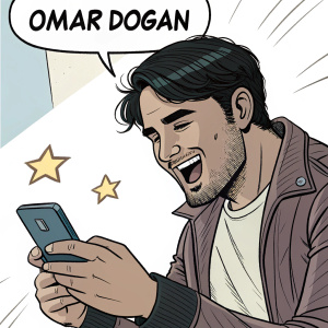 Omar Dogan, youthful adult, strong jawline, dark hair, reacting to congratulatory message on smartphone. Scene from comic strip with speech bubbles and panel transitions.