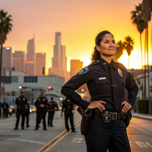 Christina Alonso, played by Peyton Lea, stands proudly in her LAPD uniform. She is part of a group of officers on duty. The scene takes place in a bustling city street at sunset.