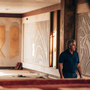 Jeffrey Epstein, wearing a navy blue polo shirt, stands alone in an empty, dimly lit room with abstract wall art.