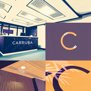 Visual branding collage of Carruba. Features sleek 'C' logo, office interior shots, and branding on reception desk. Dark and light tones. Modern design with well-lit reception area.