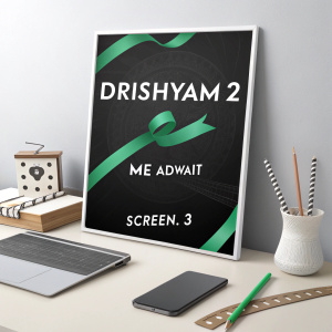 Promotional posters for Drishyam 2 on a desk. Black background with white text. Green ribbon securing them. Titles include 'DRISHYAM 2', 'Me Adwait', and 'Screen: 3'.