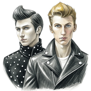 Bikers of the sixties, Biker black jacket with studs with white t-shirt, brunettes, two young guys shaved, motorcycle, pompadour haircuts,",