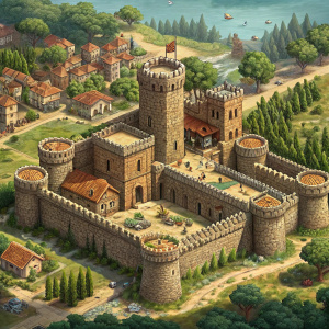 3D pixel art scene from Stronghold Crusader. Medieval fortress with large brown stone castle, multiple towers, and thick walls. Surrounded by smaller buildings and greenery. Textures and colors: brown for stone, green for grass.