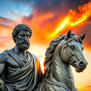 create me an ebook cover on Stoicism, for quotations, balck a greek style marble statue of Marcus Aurelius, twilight, eclipse, rushing fire, stoicism