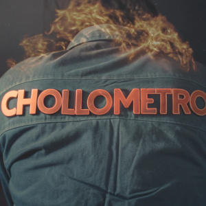 A vibrant logo design for 'Chollometro'. Orange flame-like graphics, bold font on black backdrop.