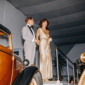 Malcolm McDowell and Mary Steenburgen at a vintage Hollywood party. Black and white photograph
