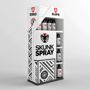 High-tech rendering of 'Skunk Spray' packaging design. Created by ESKO and Ellipse. White box with black graphics and bold text. Modern, edgy look. Easy to spot on shelves.