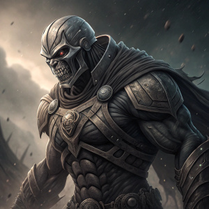 Digital art piece featuring He-Man's foe, Trapjaw. Dark, dynamic pose. Gray scale color palette, detailed shading and intricate design.