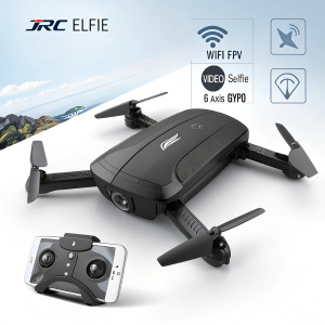 Foldable JJRC Elfie drone showcased. Features WiFi FPV, video and selfie modes, and 6-Axis Gyro stabilization.