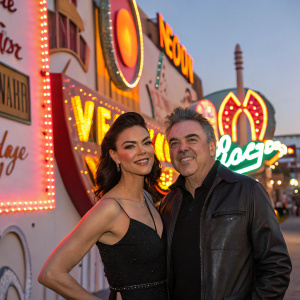 Adrianne Curry and Christopher Knight at the Neon Museum in Las Vegas. They are posing with vibrant neon signs in the background.