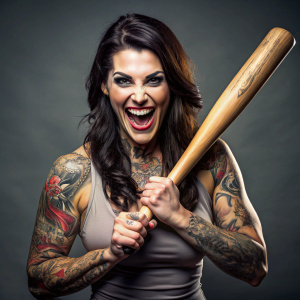 Hot tattooed maried wife with baseball bat and have a happy gringe