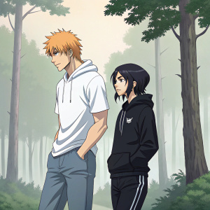 Ichigo Kurosaki and Rukia Kuchiki from Bleach, dressed in casual outfits. Ichigo wears a white t-shirt and jeans. Rukia in a black hoodie and sweatpants. They stand in a serene forest setting.