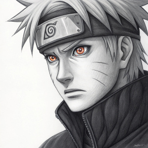 Detailed charcoal portrait of a Naruto character. Expressive eyes, intense stare, on white backdrop.