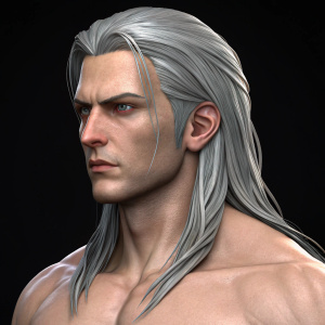 A digital 3D render of Sephiroth from Final Fantasy. Focused on his bust, showing detailed muscular physique and long silver hair. Soft, realistic skin tone and intense, focused eyes. Background is a stark black to highlight the character. The render captures a blend of realism and fantastical elements.