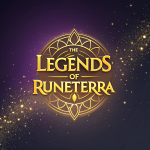 The Legends of Runeterra logo, a radiant emblem with intricate designs, set against a deep twilight gradient background adorned with shimmering gold particles and elegant golden script.