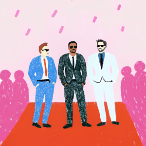 Robert Downey Jr., Anthony Mackie, and Chris Evans attend the 'Captain America: Civil War' premiere. The trio is dressed in sleek, tailored suits and ties. The red carpet is bustling with fans and paparazzi.