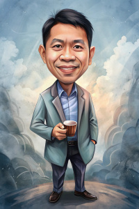 a  extreme 40 years old men indonesian caricature  illustration, big head, ink brush background, wearing office coat, holding a cup of coffee, full body, in the style of realistic anime aesthetic, black hair, short hair, funny, full image, outdoor, batik dressed, jan berenstain, colorful, 50mm