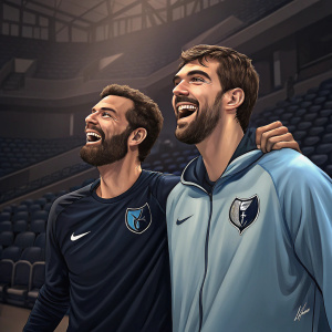 Brothers Pau and Marc Gasol celebrating in an empty stadium. Pau in a dark Nike jersey, Marc in a light blue jacket with Memphis Grizzlies logo. Both with big smiles.