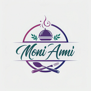 LOGO MON AMI IN VECTOR ART SYMBOL BARBQ DISH. color scheme should incorporate emerald, navy, purple, and Mardi Gra. an elegant and modern script logo for my restaurant, Mon Ami.

Requirements:
- The logo should be modern and minimalistic in style.
