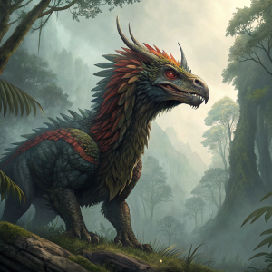 A stunning depiction of Sarangay, a formidable beast from Philippine mythology. It stands in vibrant colors, showcasing a muscular frame and distinctive features, highlighting the artist's intricate detailing.