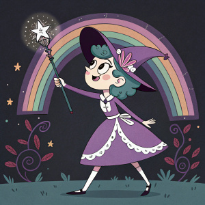 Digital artwork of Eclipsa from Star vs. the Forces of Evil. She's depicted with a youthful, feminine design, wearing a purple dress with white detailing and holding a magical wand. Dark, stylized background with a colorful archway.