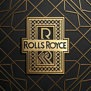 A detailed rendering of the Rolls Royce logo. The emblem is gold, set against a black background with intricate geometric patterns.