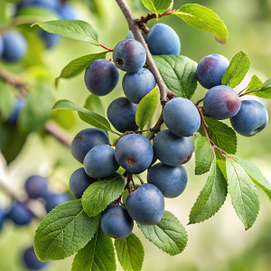 ripe sloe berries on sprigs with green leaves