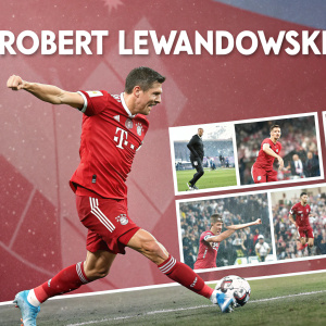 A digital collage showcasing Robert Lewandowski. Centered is a large action shot of him scoring a goal. Surrounding are smaller pictures and text snippets highlighting his career milestones.