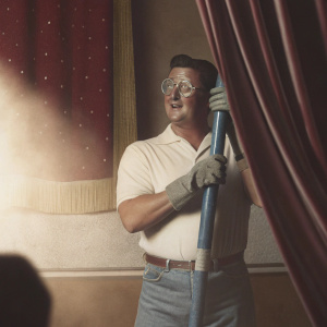 Cartoon depiction of Hank Hill from King of the Hill. Holding large bluish-pipe. Blue jeans, white shirt, work gloves. Standing in front of colorful, dynamic backdrop.