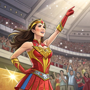 Marian Rivera in a vibrant costume, playing Darna. Onstage at a fan event, cheering crowd visible in background.
