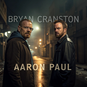 Intense scene featuring Bryan Cranston and Aaron Paul. Arabic text overlay. Dark, gritty cityscape background.
