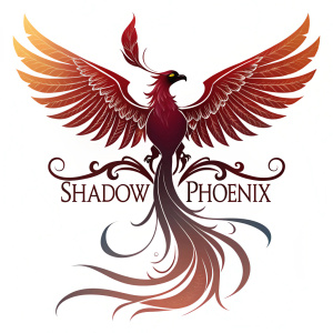 Digital illustration of Shadow Phoenix logo featuring a majestic, stylized phoenix with outstretched wings. The text 'SHADOW PHOENIX' seamlessly integrated along the wingspan.