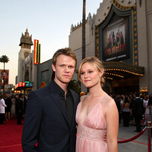 Luke Mably and Julia Stiles attending the opening night of 'The Prince and Me' at TCL Chinese Theatre in Hollywood. Mably in dark suit, Stiles in pastel dress. Grand architectural backdrop, with bustling crowd.