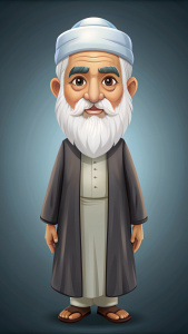full front view of an old Arab man with white beard, simple cartoon style