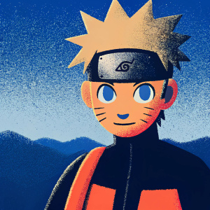 Close-up digital painting of Naruto Uzumaki. Blue sky, mountains in background