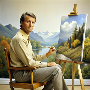 sitting is his chair, a painter is holding  a pen to paint a beautiful river on a canvas. I can see something on his canvas.