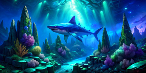 Underwater landscape with a futuristic megalodon 3D 4K ultra realistic super detailed vivid colors