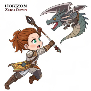 Chibi-style illustration of Aloy from Horizon Zero Dawn. Short brown hair, determined expression, mid-action. Fighting a large mechanical dragon-like creature. Complex, segmented body. Horizon Zero Dawn logo top left