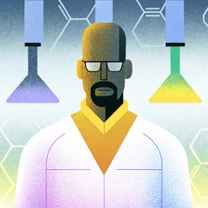 Digital portrait of Walter White from Breaking Bad, pixelated style, dark tones, chemical elements in background
