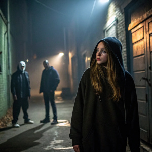 A dramatic scene from 'Scream'. Teen girl with long hair in dark hoodie. Background is eerie, dark alley. Other characters in threatening poses.