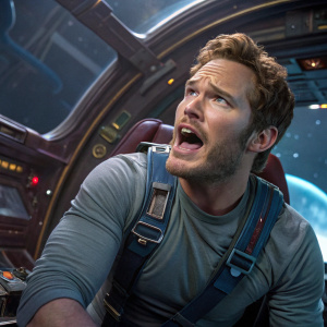 Chris Pratt inside a high-tech spaceship cockpit. Intense action scene. Futuristic design elements, dramatic lighting. Grey shirt and blue harness. Determined expression, mouth open, tense facial muscles