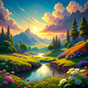 Please draw a wallpaper in the style of the Pokemon series. The picture shows a meadow with water, meadows and flowers. The sun is shining, it is beautiful. 
