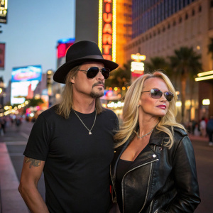 Kid Rock and Pamela Anderson are seen on the bustling streets of Las Vegas. They are dressed casually, with Kid Rock in a black t-shirt and sunglasses, while Pamela dons a leather jacket.