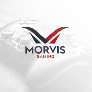 Logo for Morvis Gaming, featuring a sleek, minimalist design with a stylized V shape in dark tones and a striking red accent.