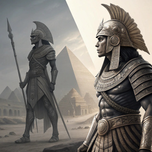 Concept art depicting an ancient egyptian warrior. From initial sketch to detailed 3D model. Digital illustration with grayscale tones