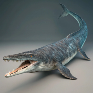 Digital illustration of Mosasaurus. Realistic 3D render. Large, elongated body with long tail. Neutral gray background