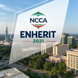 Promotional image for EnHERiT 2021 featuring NCCA logo and sponsors section. Modern, clean design with highlighted logos.