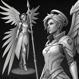 Digital artwork of Overwatch character Mercy. Rendered in grayscale, with fantasy elements. Multiple views and angles against black backdrop.