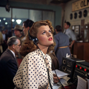 Rita Hayworth in a bustling, vintage radio station. Polka-dotted blouse, curly hair, intense gaze. Surrounded by various radio equipment and colleagues.