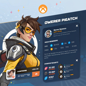 Overwatch-themed social media dashboard. Character illustration, gameplay highlights, sharing options, stylized background.